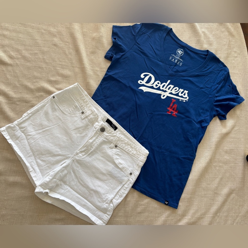 LA Dodgers Outfit Set Women XL Tee White Denim Shorts Size 14 Summer